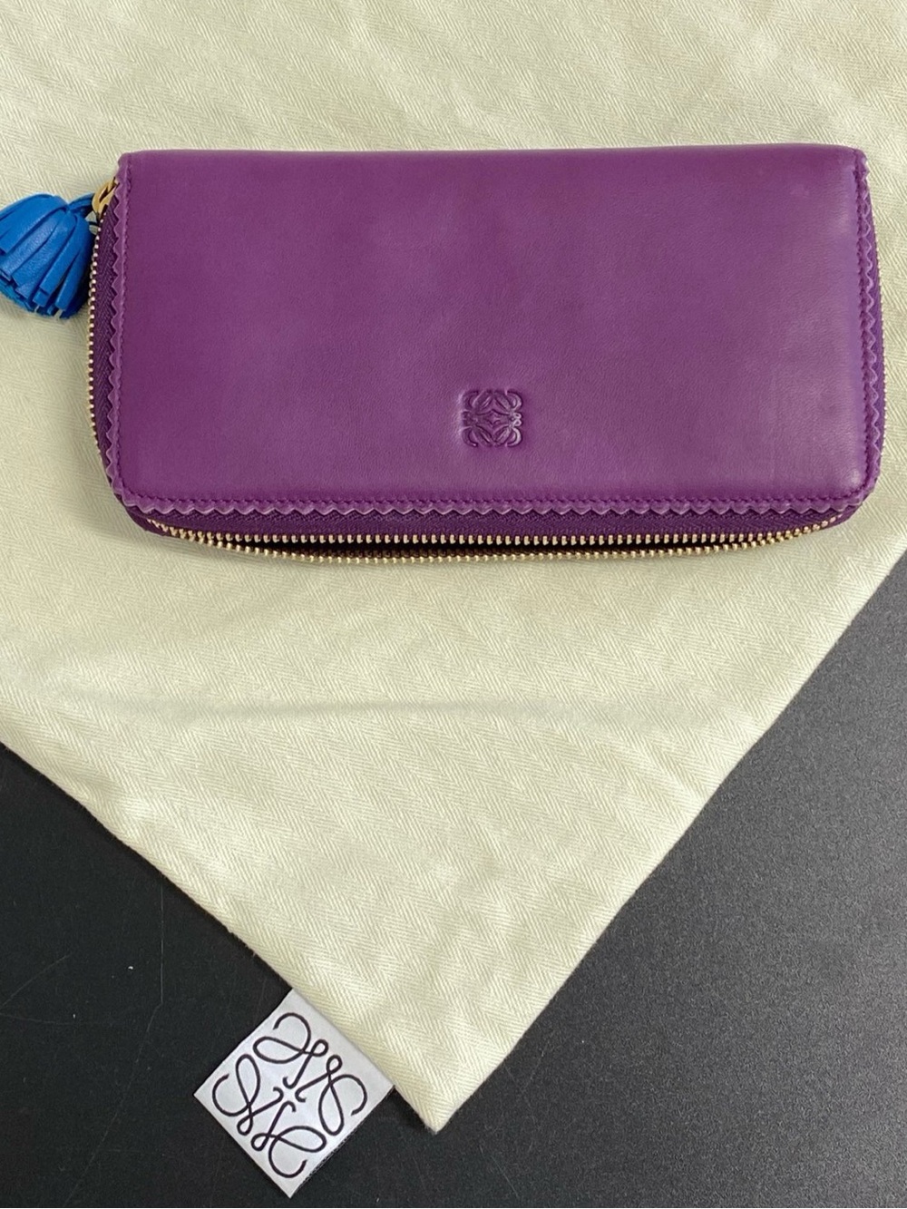 Loewe Violet Leather Zip Wallet with Blue Tassel